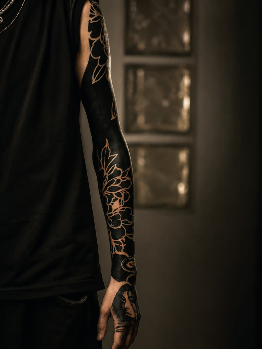 Braço fechado em blackwork, exemplo de projeto de Krauser