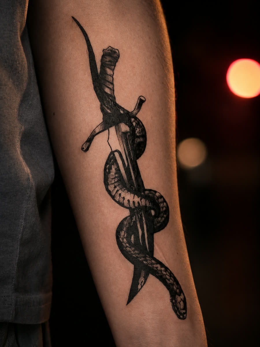 Cobra e adaga tatuadas no antebraço, exemplo de projeto de Krauser